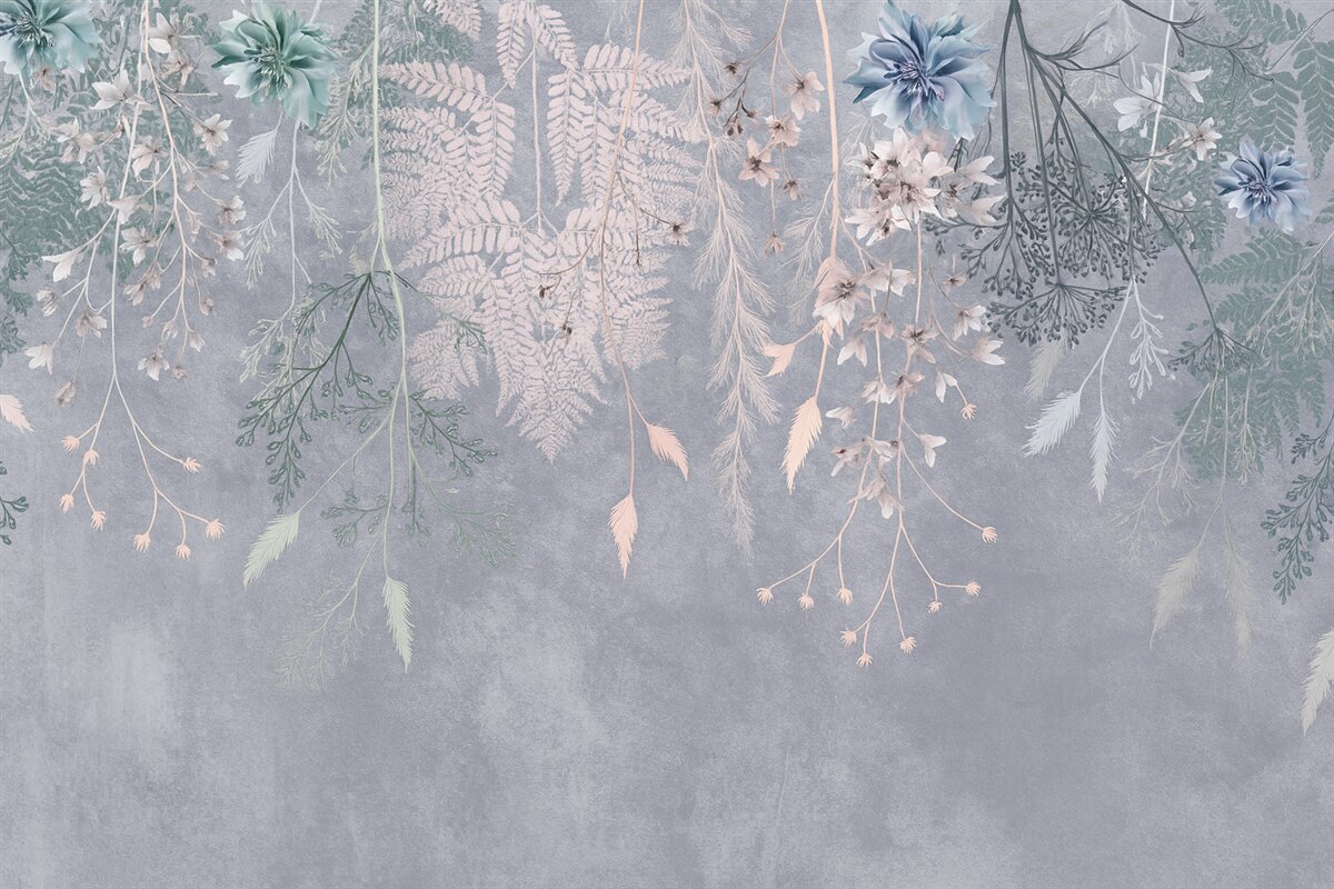 Fototapeta Senne, subtelne rośliny, kłosy i kwiaty w błękitnych pastelowych odcieniach na zamglonym, wzorzystym tle.