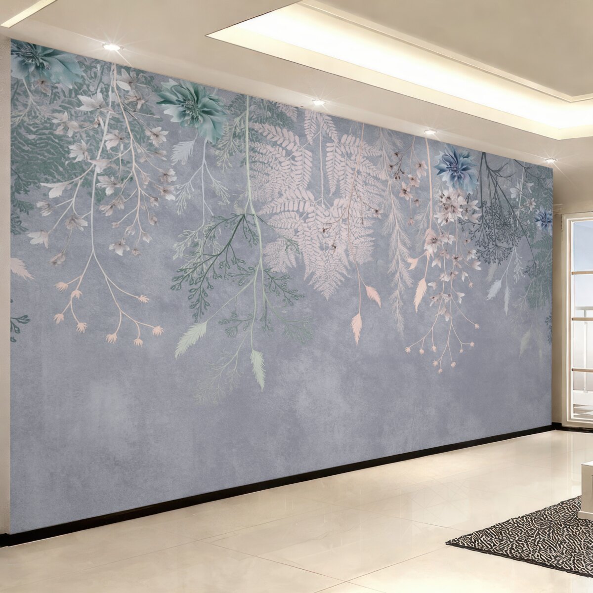 Fototapeta Senne, subtelne rośliny, kłosy i kwiaty w błękitnych pastelowych odcieniach na zamglonym, wzorzystym tle.