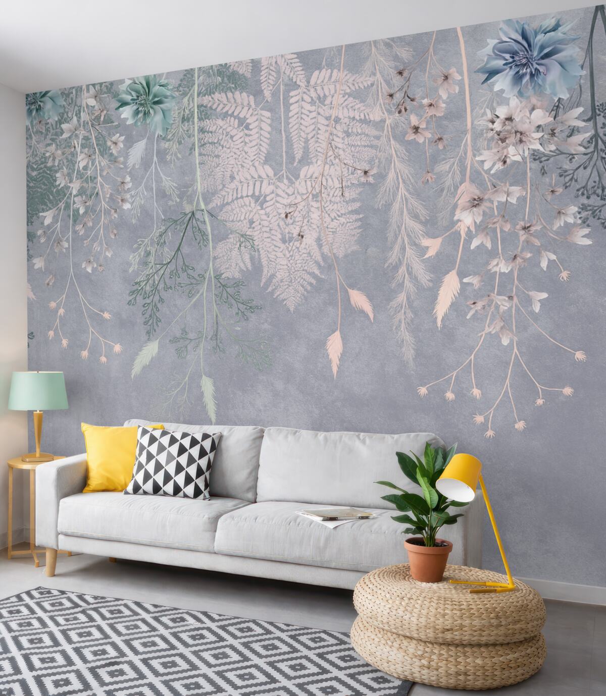 Fototapeta Senne, subtelne rośliny, kłosy i kwiaty w błękitnych pastelowych odcieniach na zamglonym, wzorzystym tle.