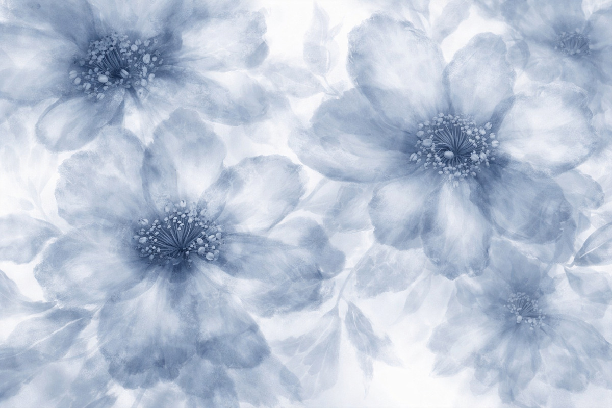 Fototapeta Miękkie, zamglone abstrakcyjne niebieskie kwiaty tworzą harmonijny i relaksujący kwiatowy wzór.