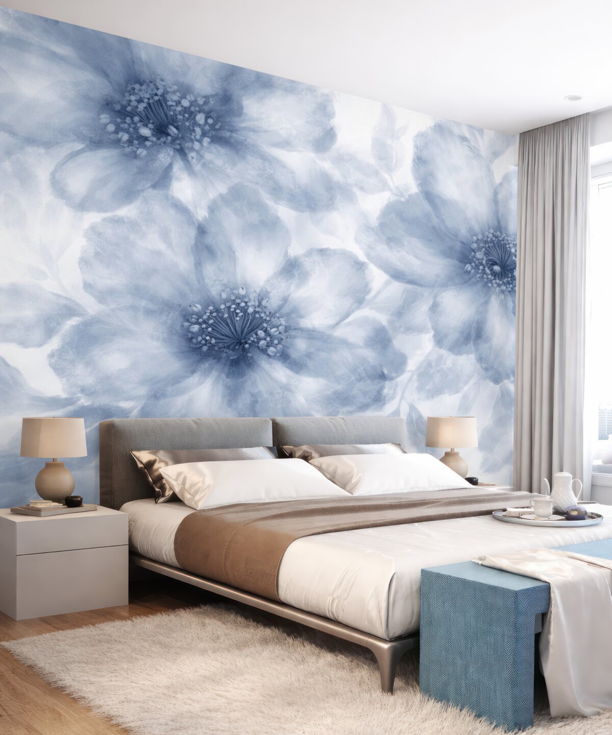 Fototapeta Miękkie, zamglone abstrakcyjne niebieskie kwiaty tworzą harmonijny i relaksujący kwiatowy wzór.