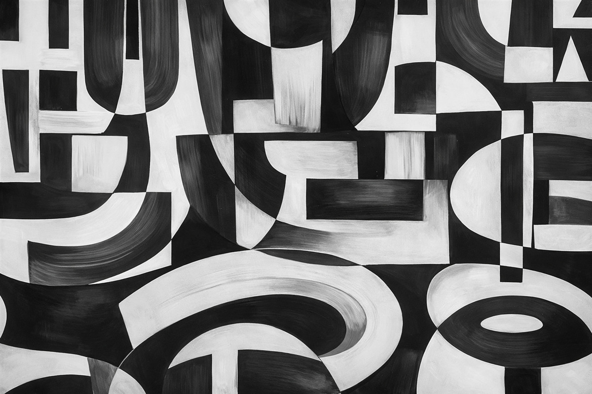 Fototapeta Abstrakcyjne czarno-białe geometryczne formy i motywy, tworzące wizualnie efektowną i dynamiczną aranżację.