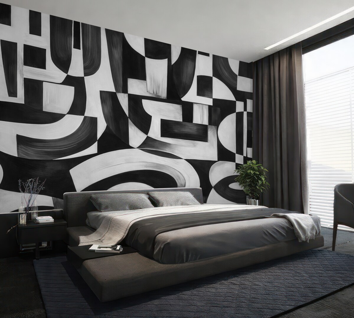 Fototapeta Abstrakcyjne czarno-białe geometryczne formy i motywy, tworzące wizualnie efektowną i dynamiczną aranżację.