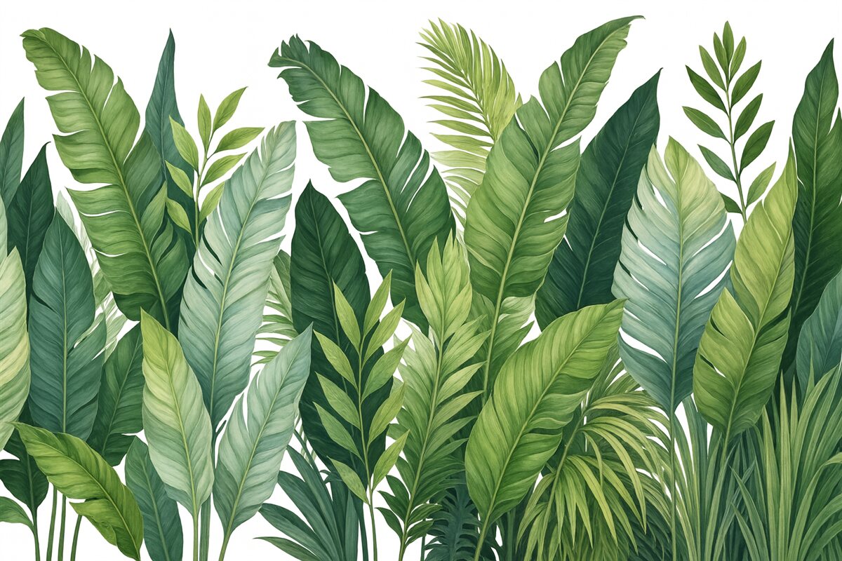 Fototapeta Tropikalne liście z różnorodnymi dużymi zielonymi liśćmi, w tym liśćmi banana, liśćmi palmowymi oraz innymi egzotycznymi rodzajami roślin.