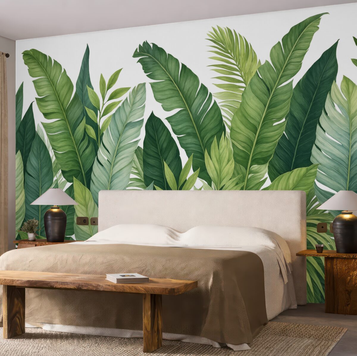 Fototapeta Tropikalne liście z różnorodnymi dużymi zielonymi liśćmi, w tym liśćmi banana, liśćmi palmowymi oraz innymi egzotycznymi rodzajami roślin.