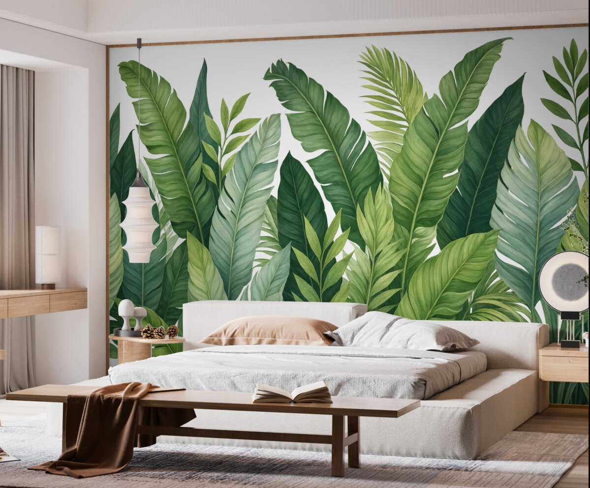 Fototapeta Tropikalne liście z różnorodnymi dużymi zielonymi liśćmi, w tym liśćmi banana, liśćmi palmowymi oraz innymi egzotycznymi rodzajami roślin.