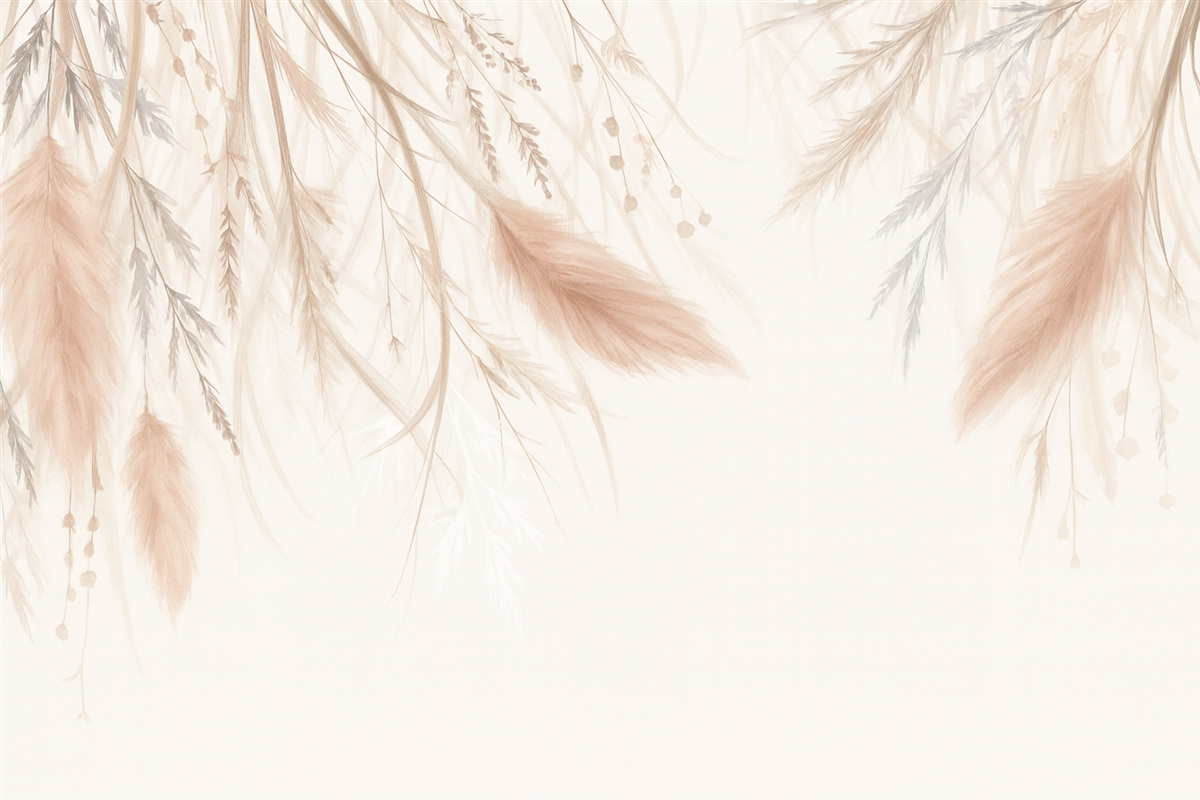 Fototapeta Miękka, subtelna trawa pampasowa oraz kłosy w tonacjach beżu i różu na jasnym tle.