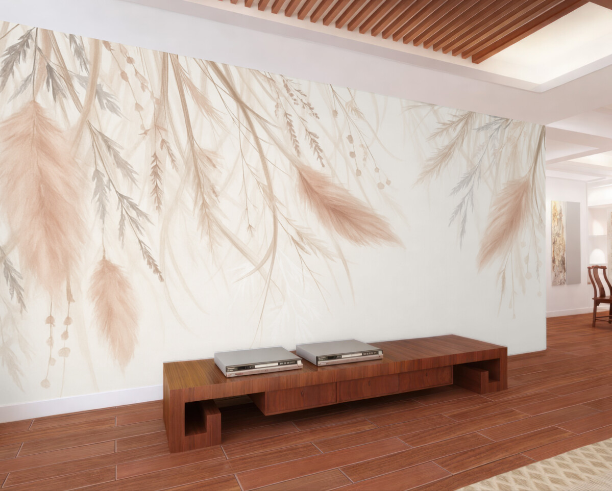 Fototapeta Miękka, subtelna trawa pampasowa oraz kłosy w tonacjach beżu i różu na jasnym tle.