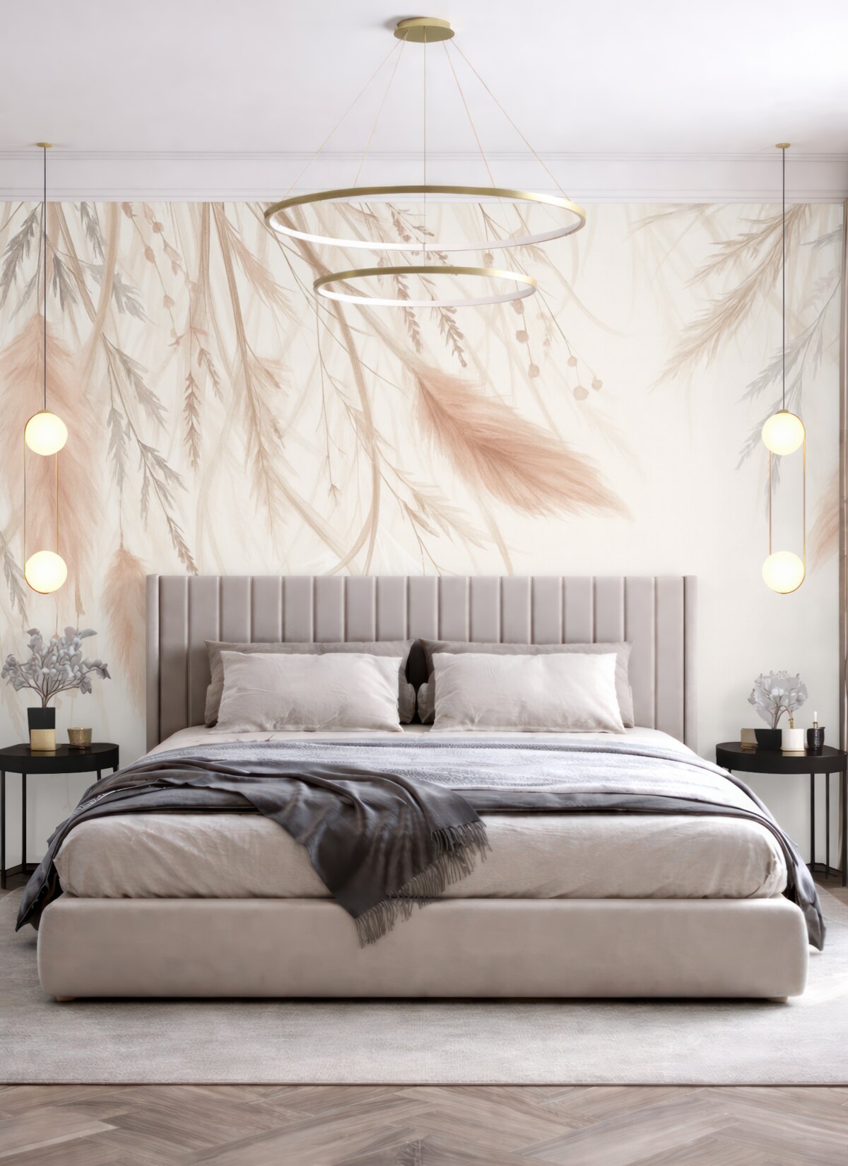 Fototapeta Miękka, subtelna trawa pampasowa oraz kłosy w tonacjach beżu i różu na jasnym tle.