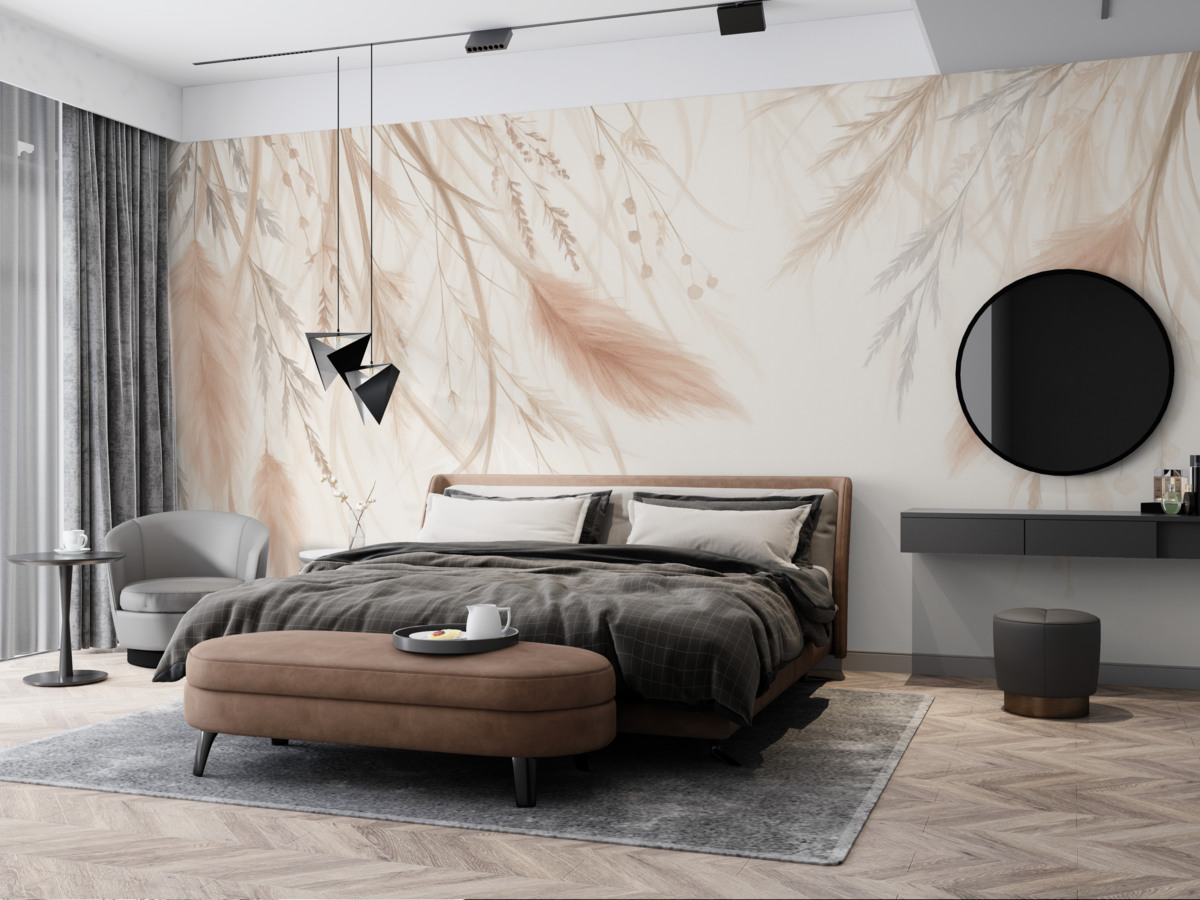 Fototapeta Miękka, subtelna trawa pampasowa oraz kłosy w tonacjach beżu i różu na jasnym tle.