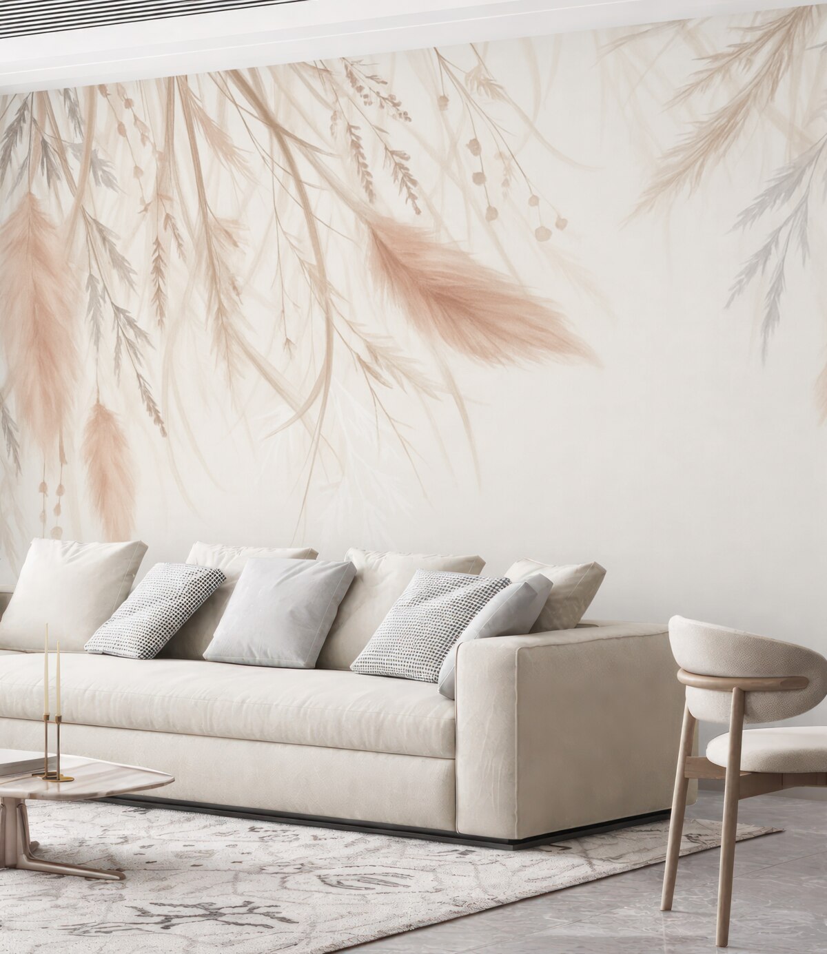 Fototapeta Miękka, subtelna trawa pampasowa oraz kłosy w tonacjach beżu i różu na jasnym tle.