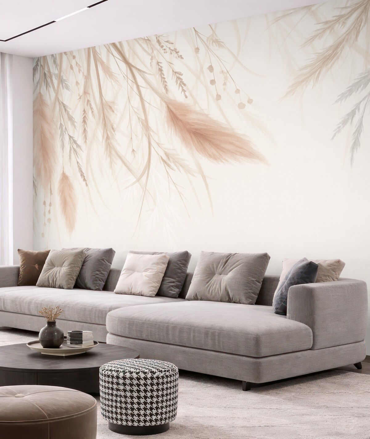 Fototapeta Miękka, subtelna trawa pampasowa oraz kłosy w tonacjach beżu i różu na jasnym tle.