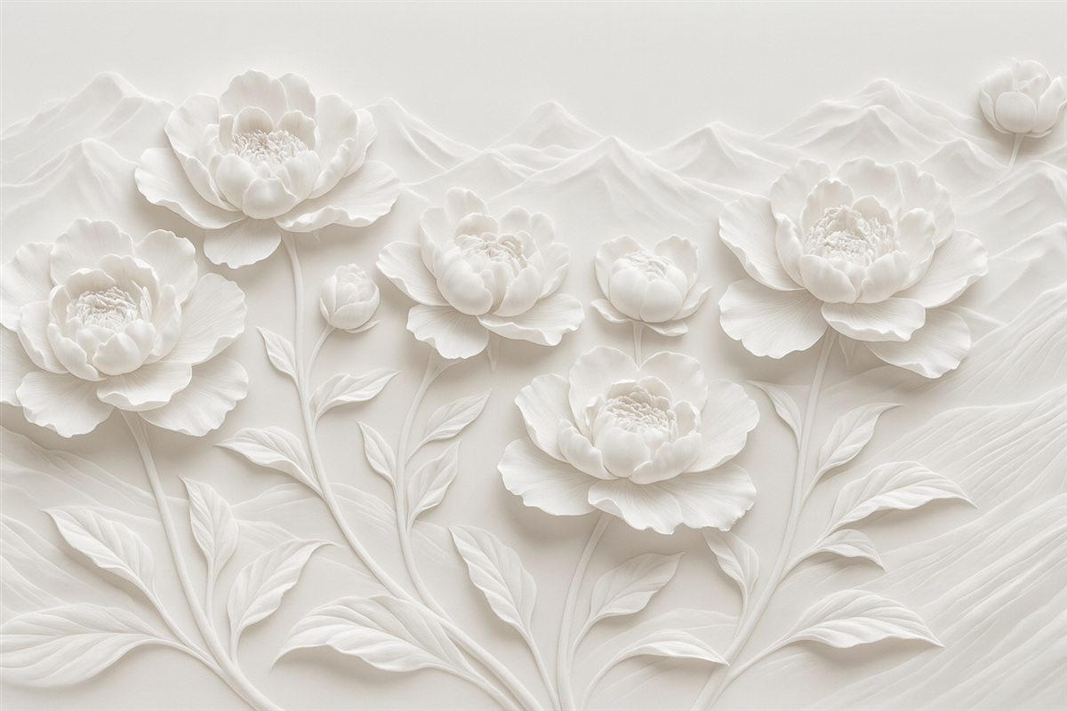 Fototapeta Biała kwiatowa naśladowanie płaskorzeźby z dużymi, szczegółowymi pąkami piwonii na jednolitym tle.