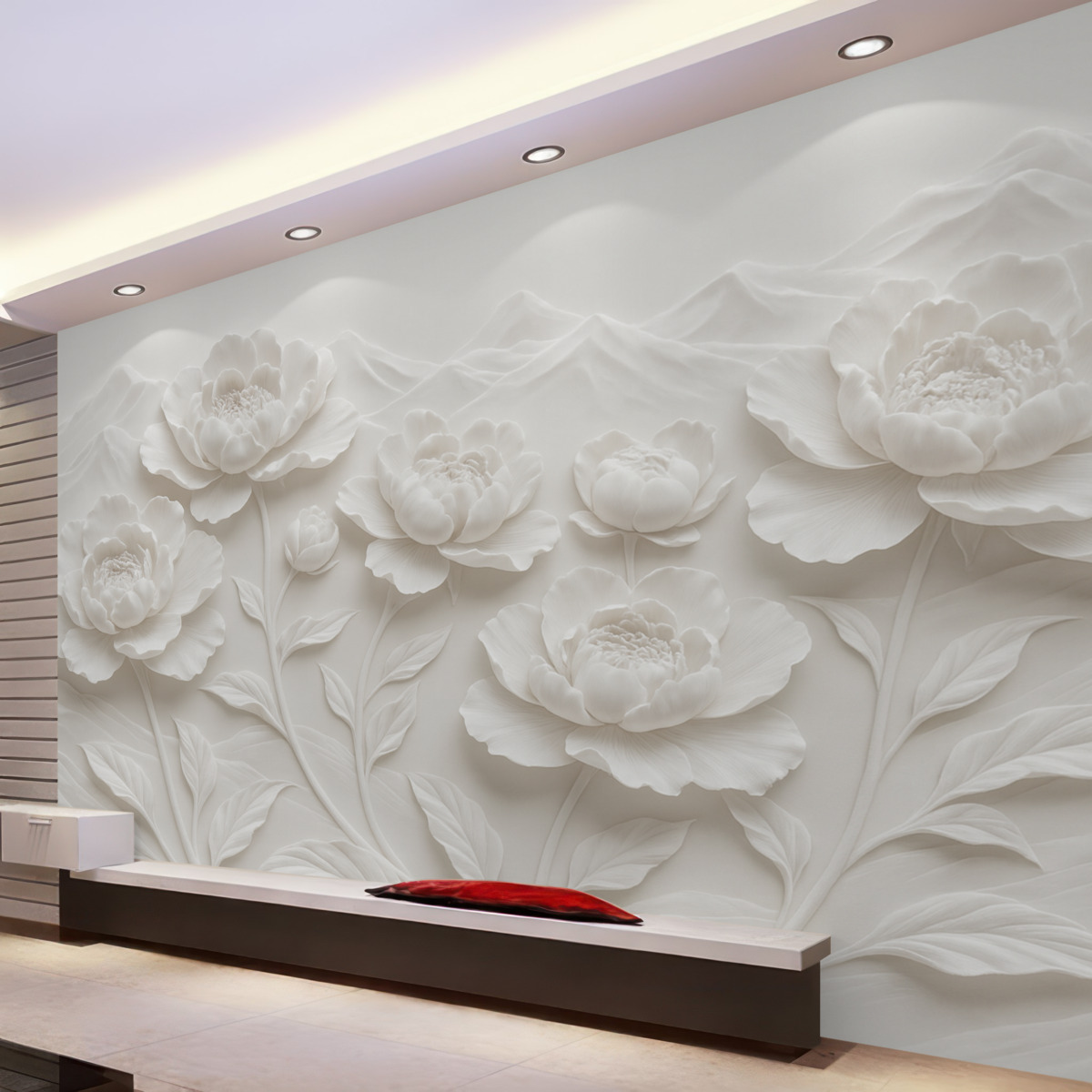 Fototapeta Biała kwiatowa naśladowanie płaskorzeźby z dużymi, szczegółowymi pąkami piwonii na jednolitym tle.