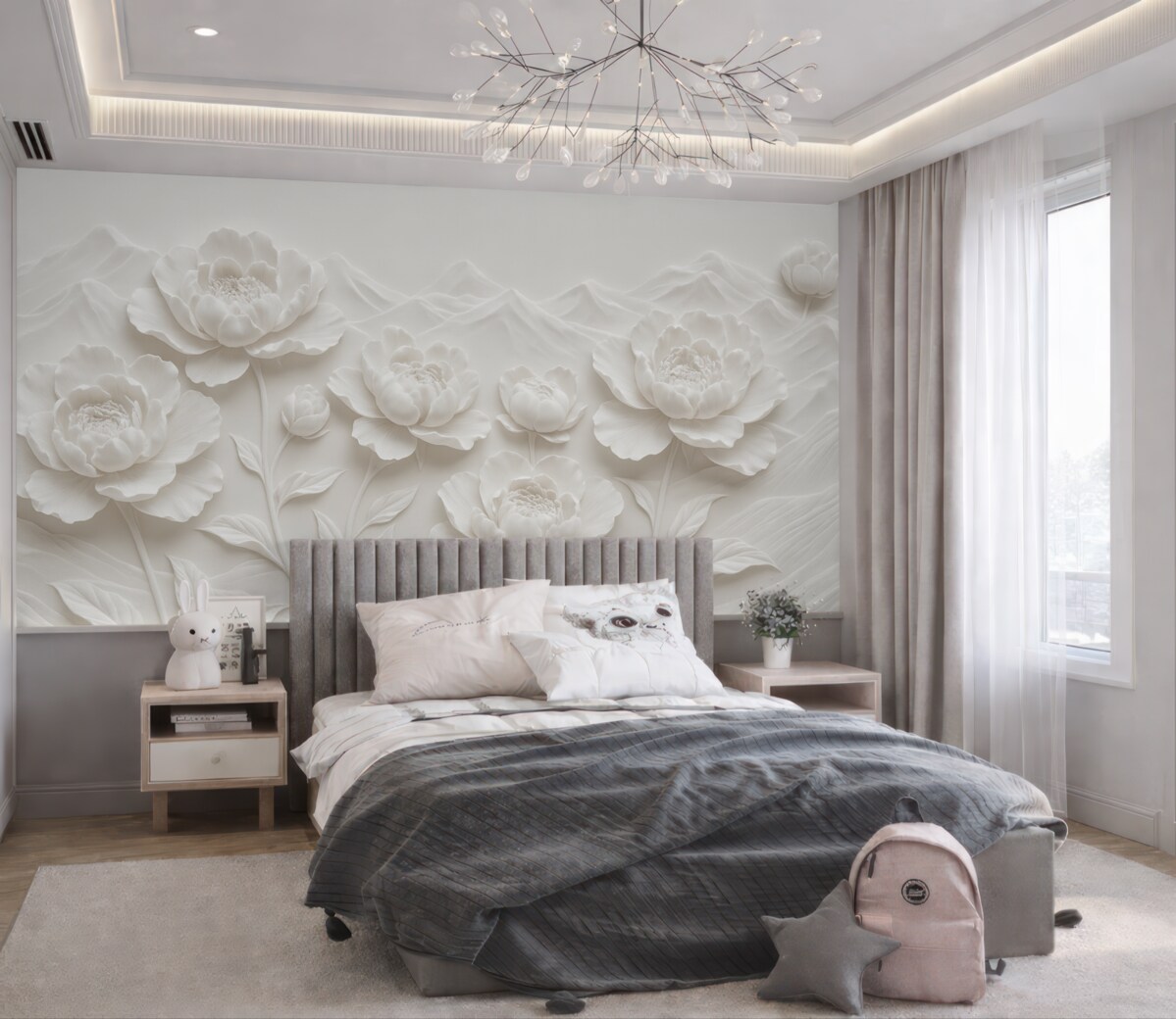 Fototapeta Biała kwiatowa naśladowanie płaskorzeźby z dużymi, szczegółowymi pąkami piwonii na jednolitym tle.