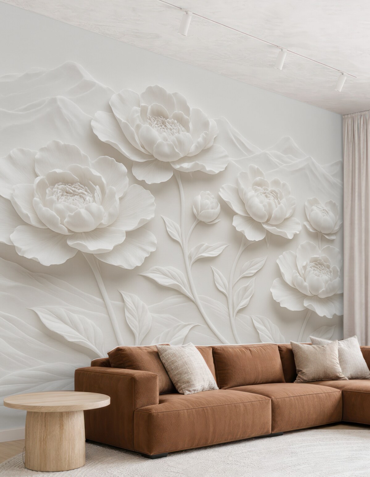 Fototapeta Biała kwiatowa naśladowanie płaskorzeźby z dużymi, szczegółowymi pąkami piwonii na jednolitym tle.