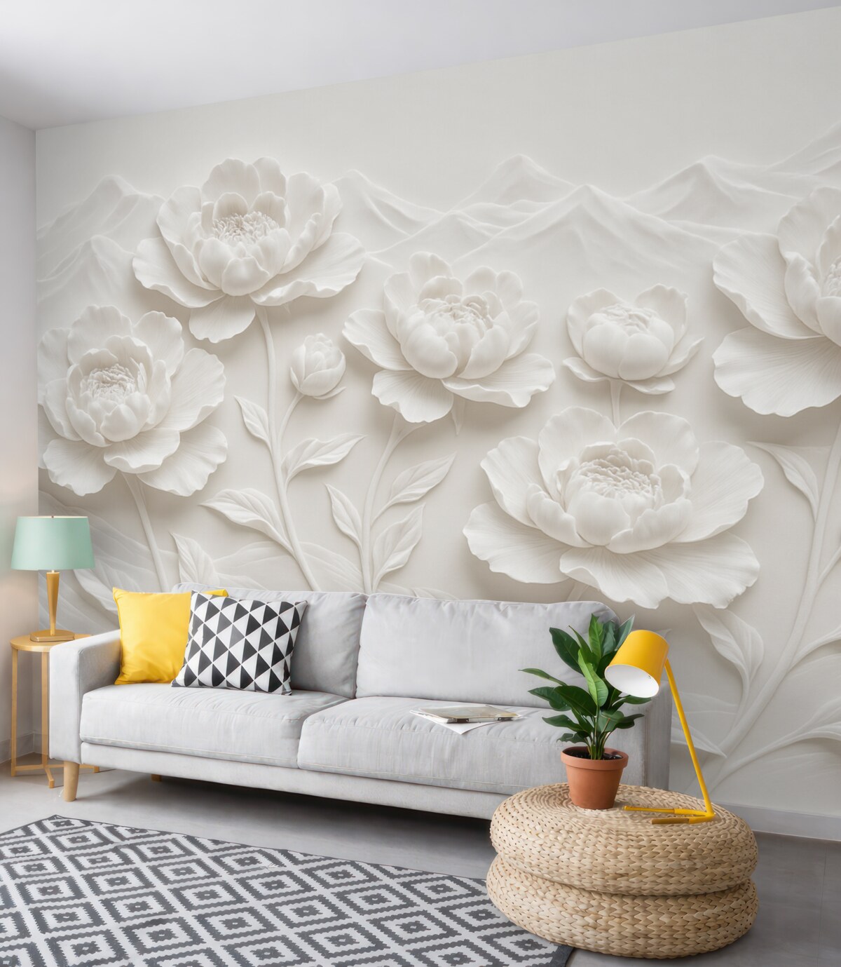 Fototapeta Biała kwiatowa naśladowanie płaskorzeźby z dużymi, szczegółowymi pąkami piwonii na jednolitym tle.