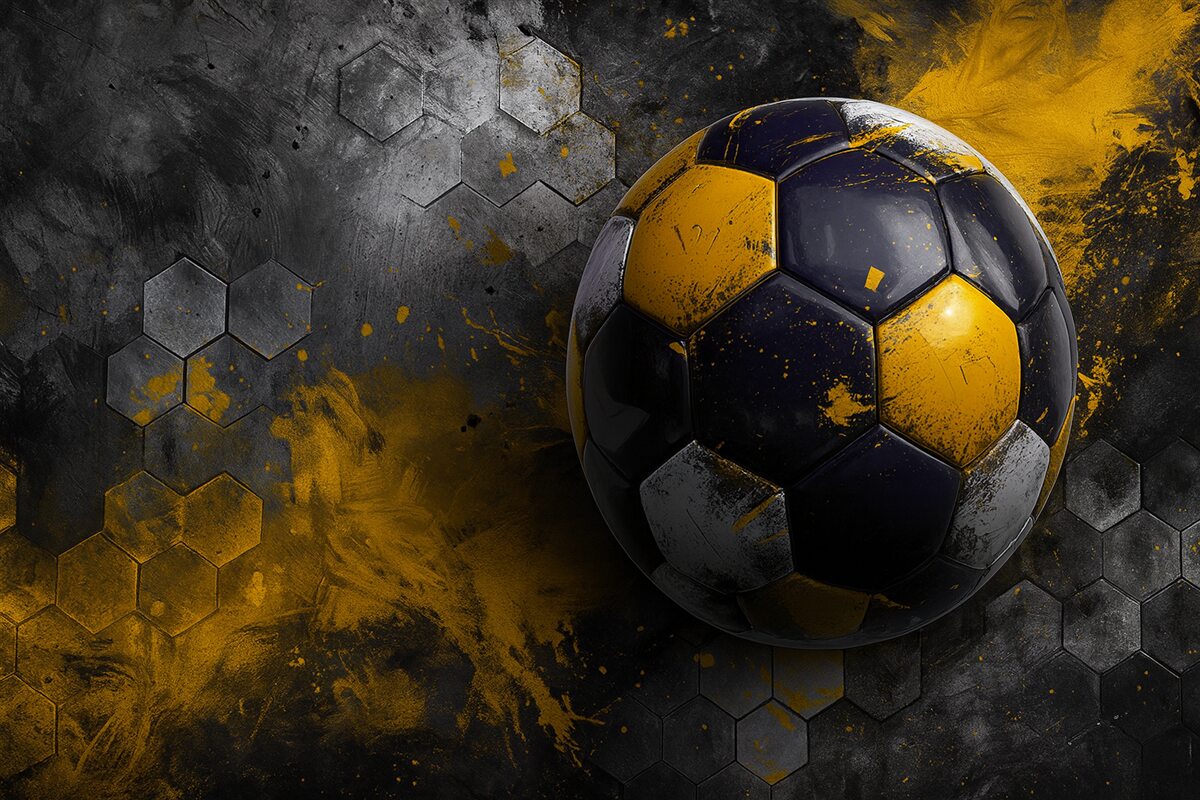 Fototapeta Piłka nożna na tle miodowych plastrów z żółtymi plamami farby.