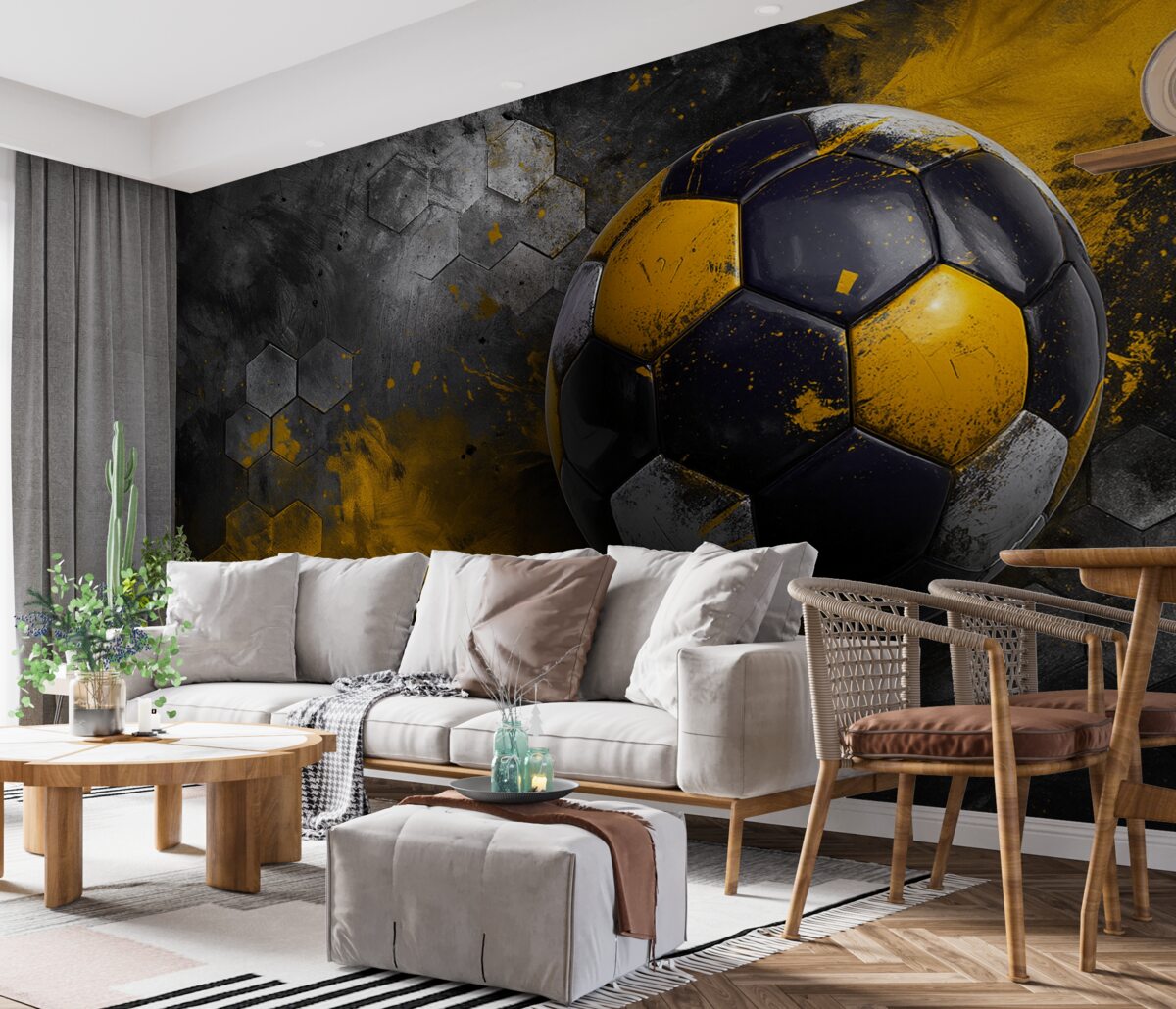 Fototapeta Piłka nożna na tle miodowych plastrów z żółtymi plamami farby.