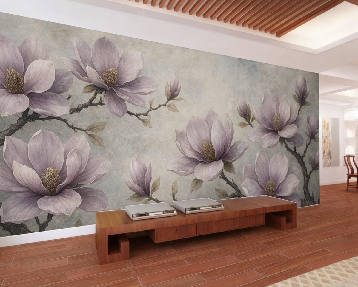 Fototapeta Gałęzie magnolii na szarym tle malowanej akwarelą.