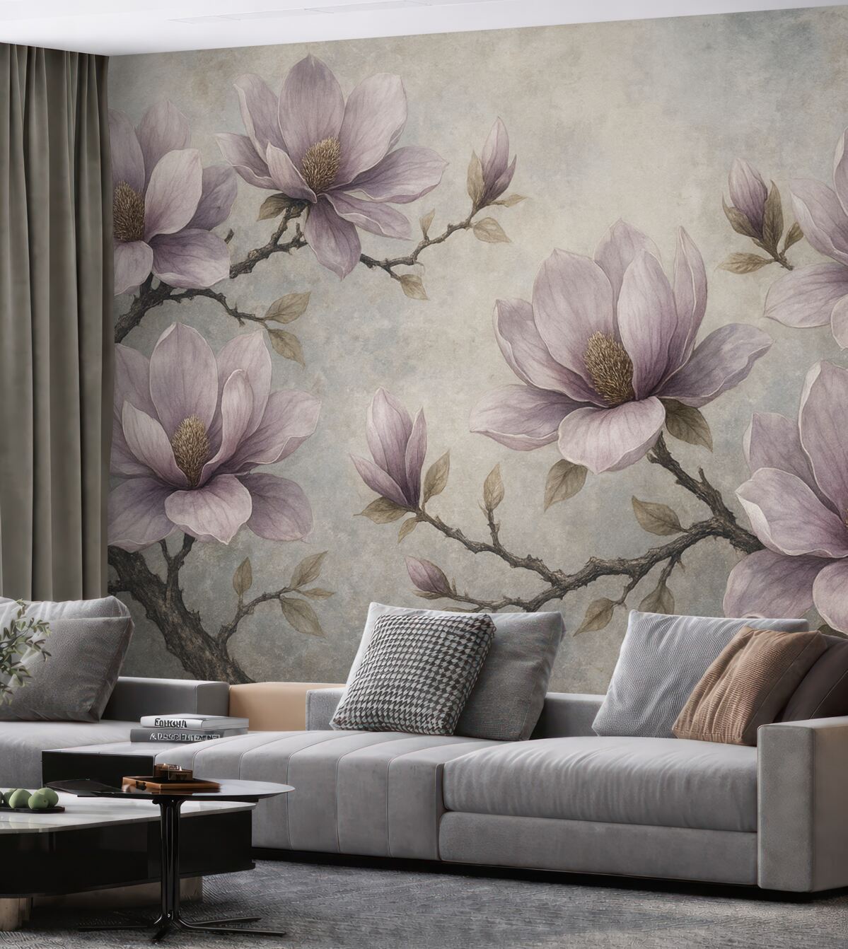 Fototapeta Gałęzie magnolii na szarym tle malowanej akwarelą.