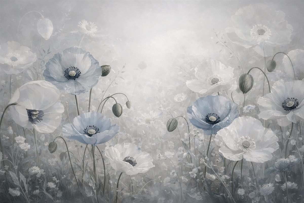 Fototapeta Wielkie niebieskie maki na szarym tle akwarelowym.
