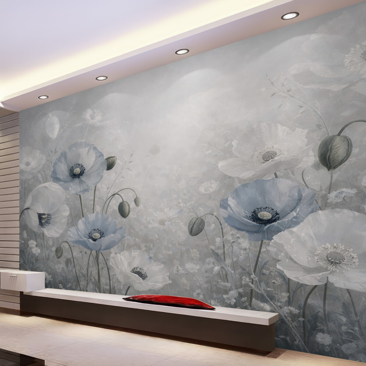 Fototapeta Wielkie niebieskie maki na szarym tle akwarelowym.