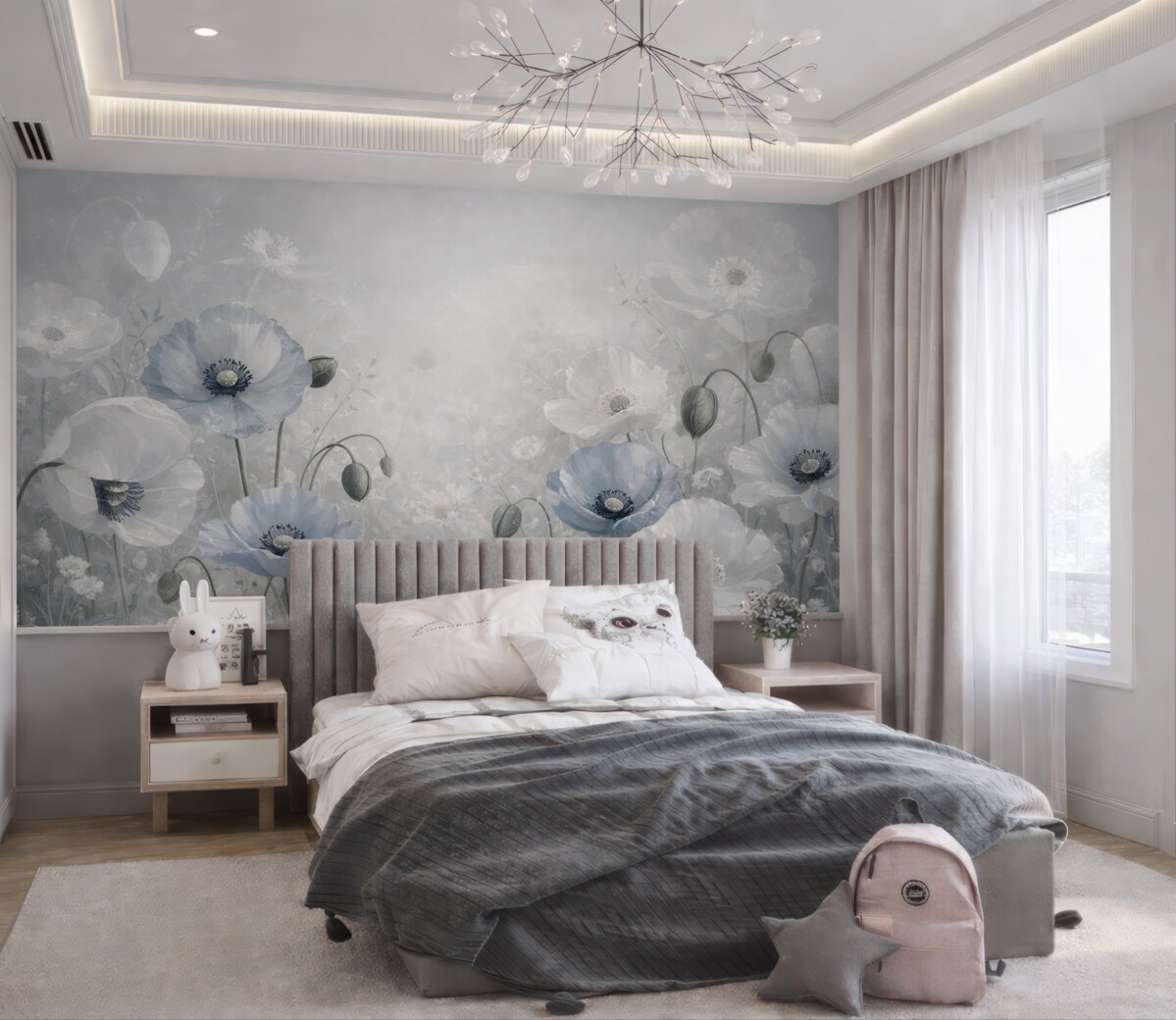 Fototapeta Wielkie niebieskie maki na szarym tle akwarelowym.