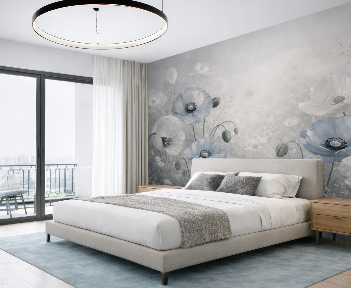 Fototapeta Wielkie niebieskie maki na szarym tle akwarelowym.