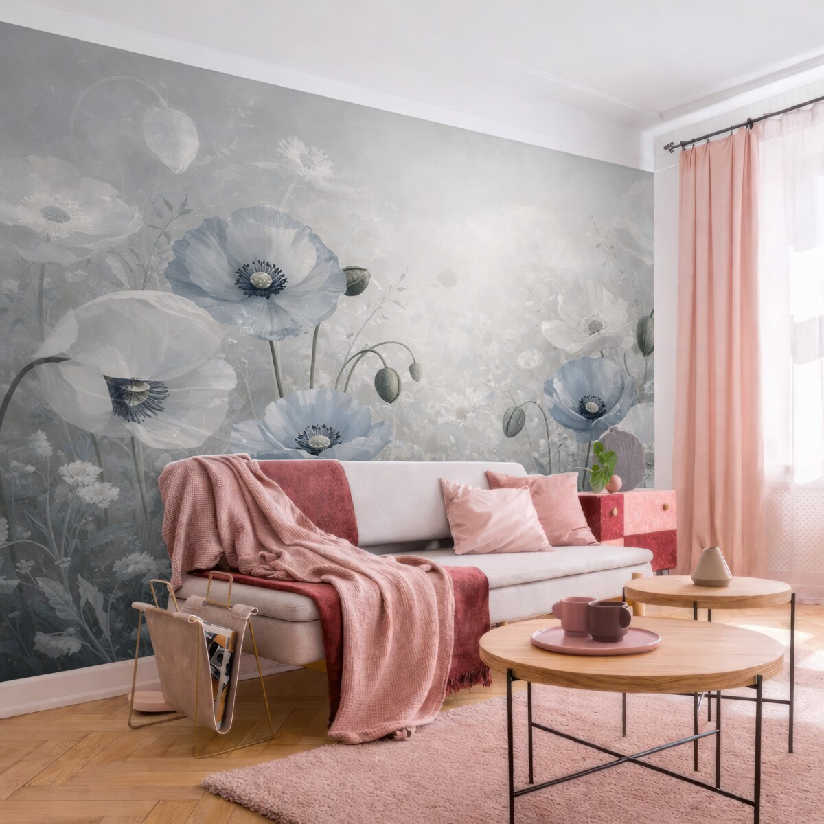 Fototapeta Wielkie niebieskie maki na szarym tle akwarelowym.