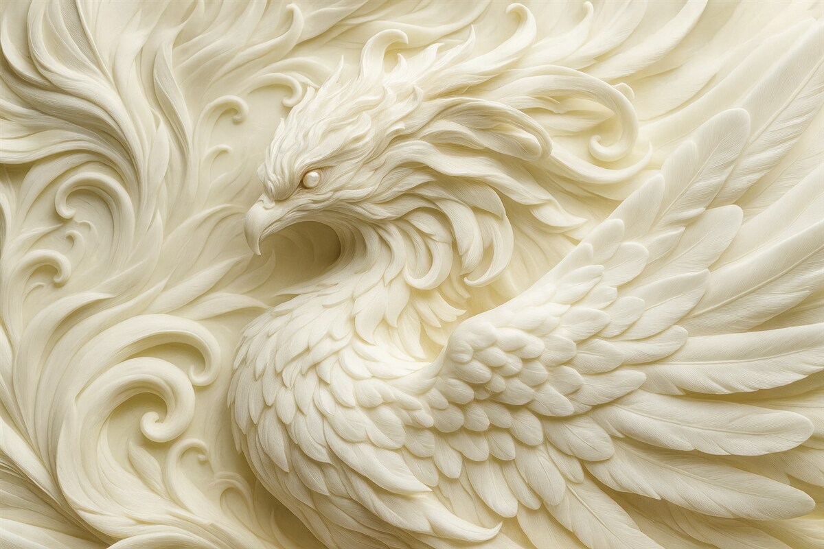 Fototapeta Ptak z długimi piórami w stylu dekoracyjnym w tonacjach beżowych.