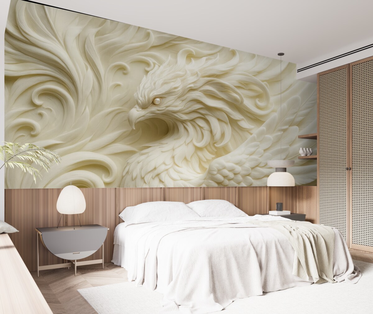 Fototapeta Ptak z długimi piórami w stylu dekoracyjnym w tonacjach beżowych.