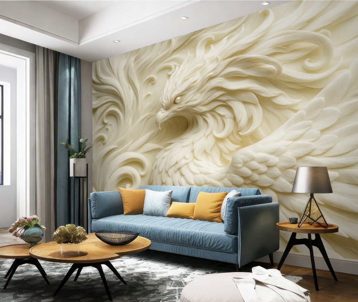 Fototapeta Ptak z długimi piórami w stylu dekoracyjnym w tonacjach beżowych.