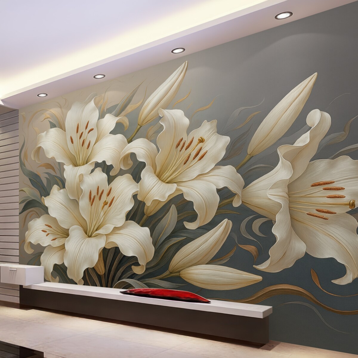 Fototapeta Subtelne białe lilie na szaro-niebieskim tle.