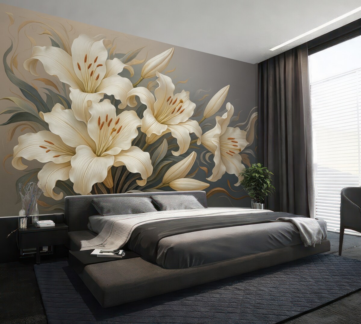 Fototapeta Subtelne białe lilie na szaro-niebieskim tle.