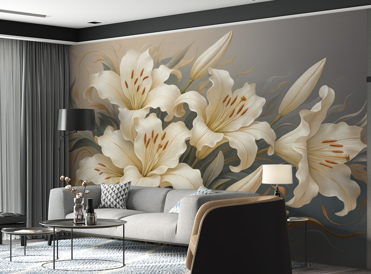 Fototapeta Subtelne białe lilie na szaro-niebieskim tle.