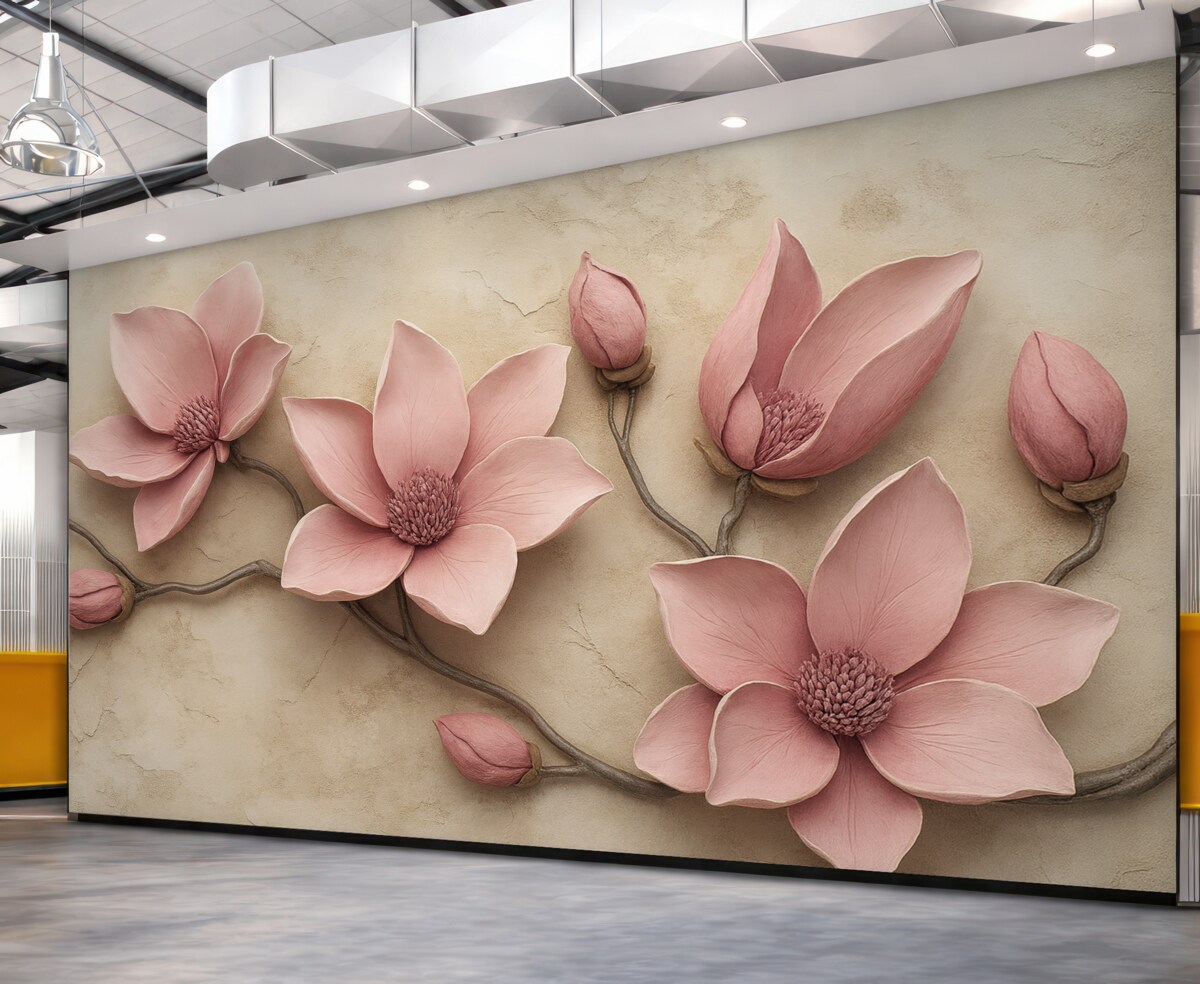Fototapeta Różowe magnolie w stylu sztukaterii.