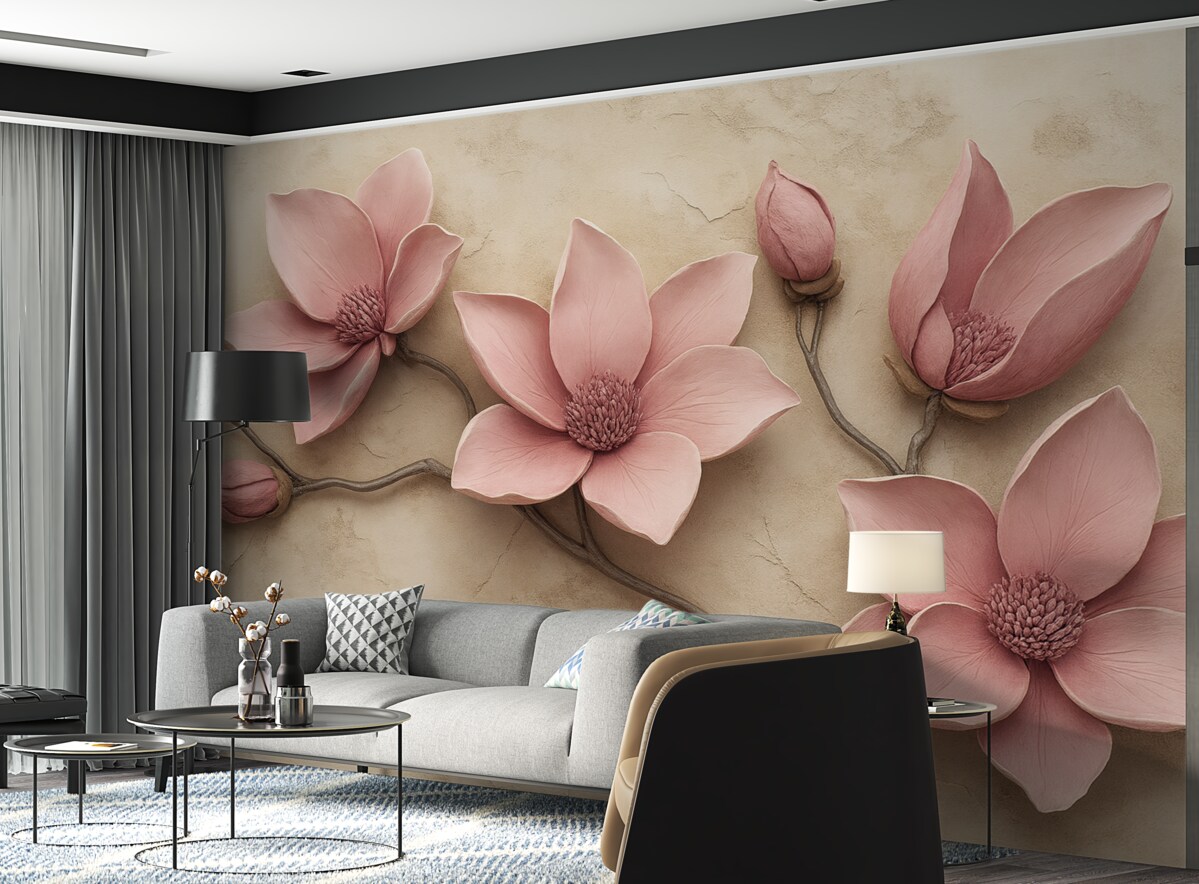 Fototapeta Różowe magnolie w stylu sztukaterii.