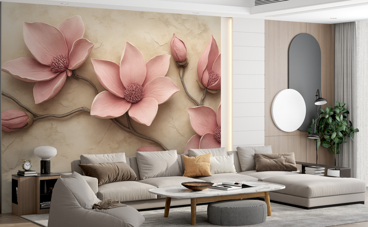 Fototapeta Różowe magnolie w stylu sztukaterii.