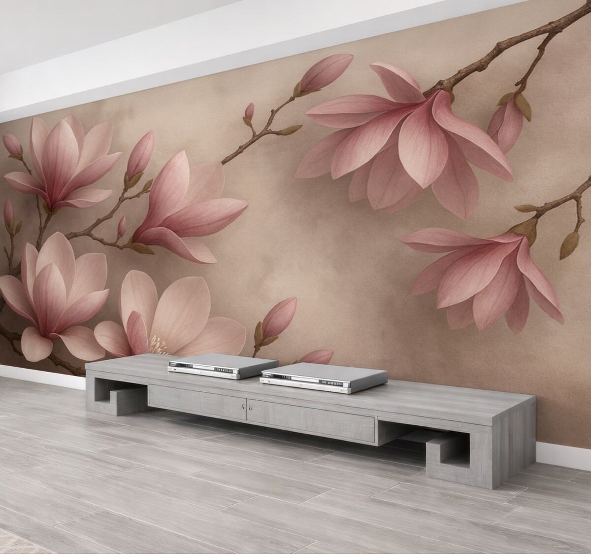 Fototapeta Subtelne różowe magnolie na betonowym murze.