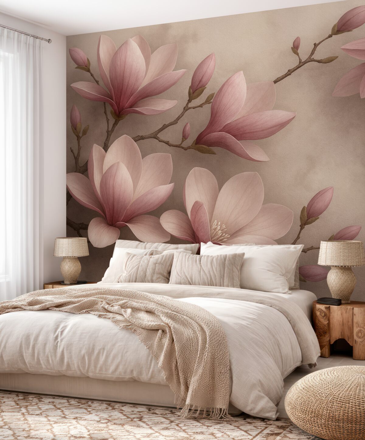 Fototapeta Subtelne różowe magnolie na betonowym murze.