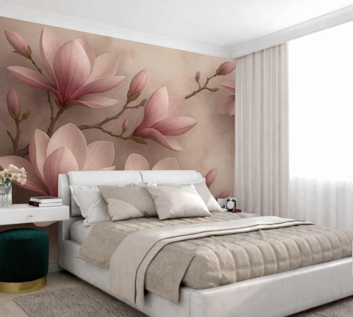 Fototapeta Subtelne różowe magnolie na betonowym murze.