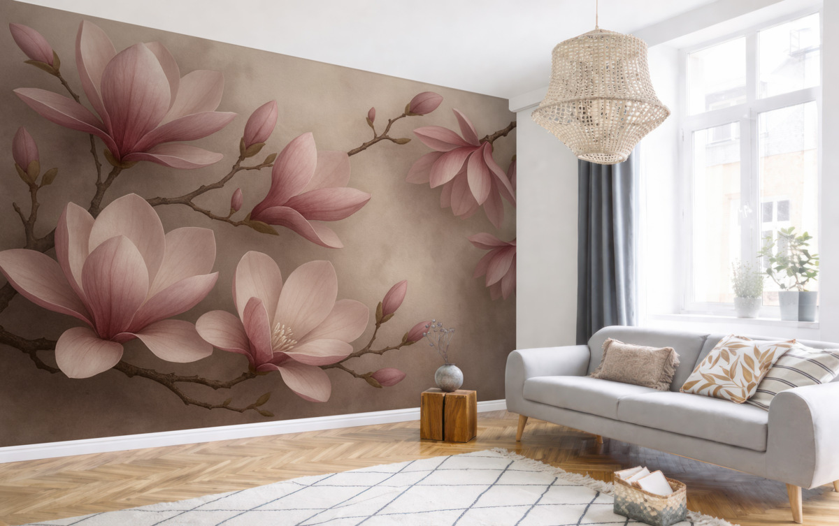 Fototapeta Subtelne różowe magnolie na betonowym murze.