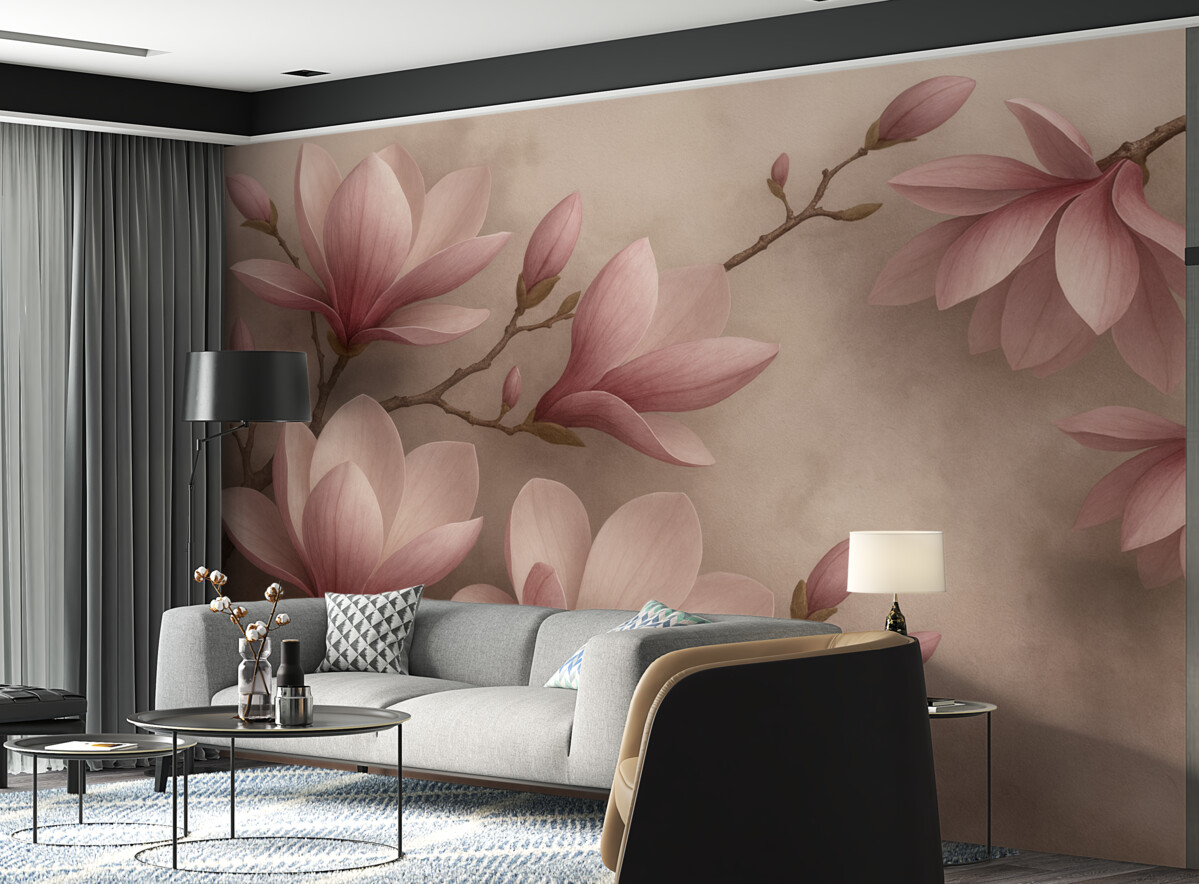 Fototapeta Subtelne różowe magnolie na betonowym murze.