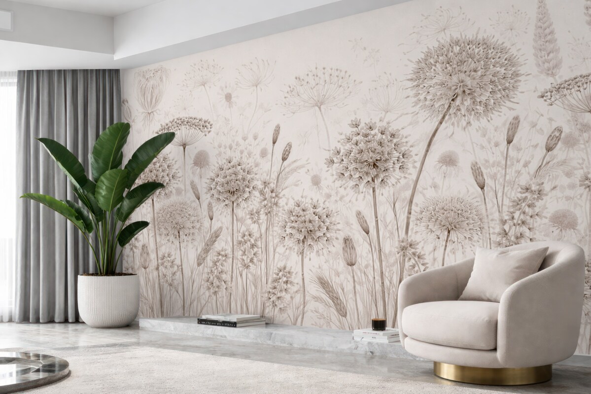 Fototapeta Lekkie mlecze i łąkowe kwiaty w technice akwareli.