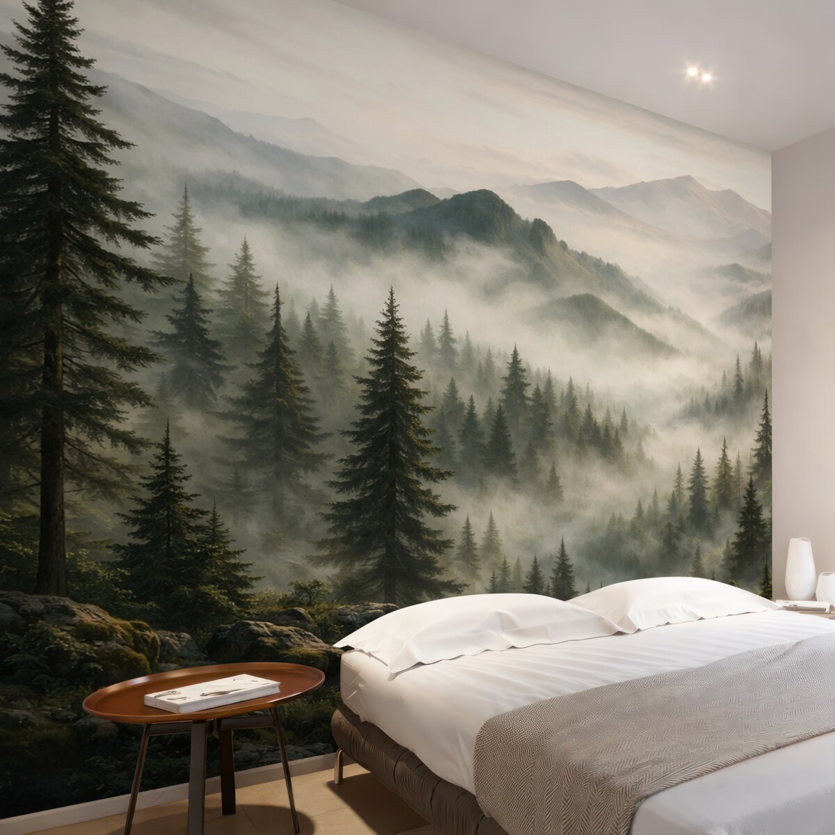 Fototapeta Górski pejzaż z sosnowym lasem i warstwowymi szczytami o poranku z delikatną mgłą akwarela naśladująca sztukę.