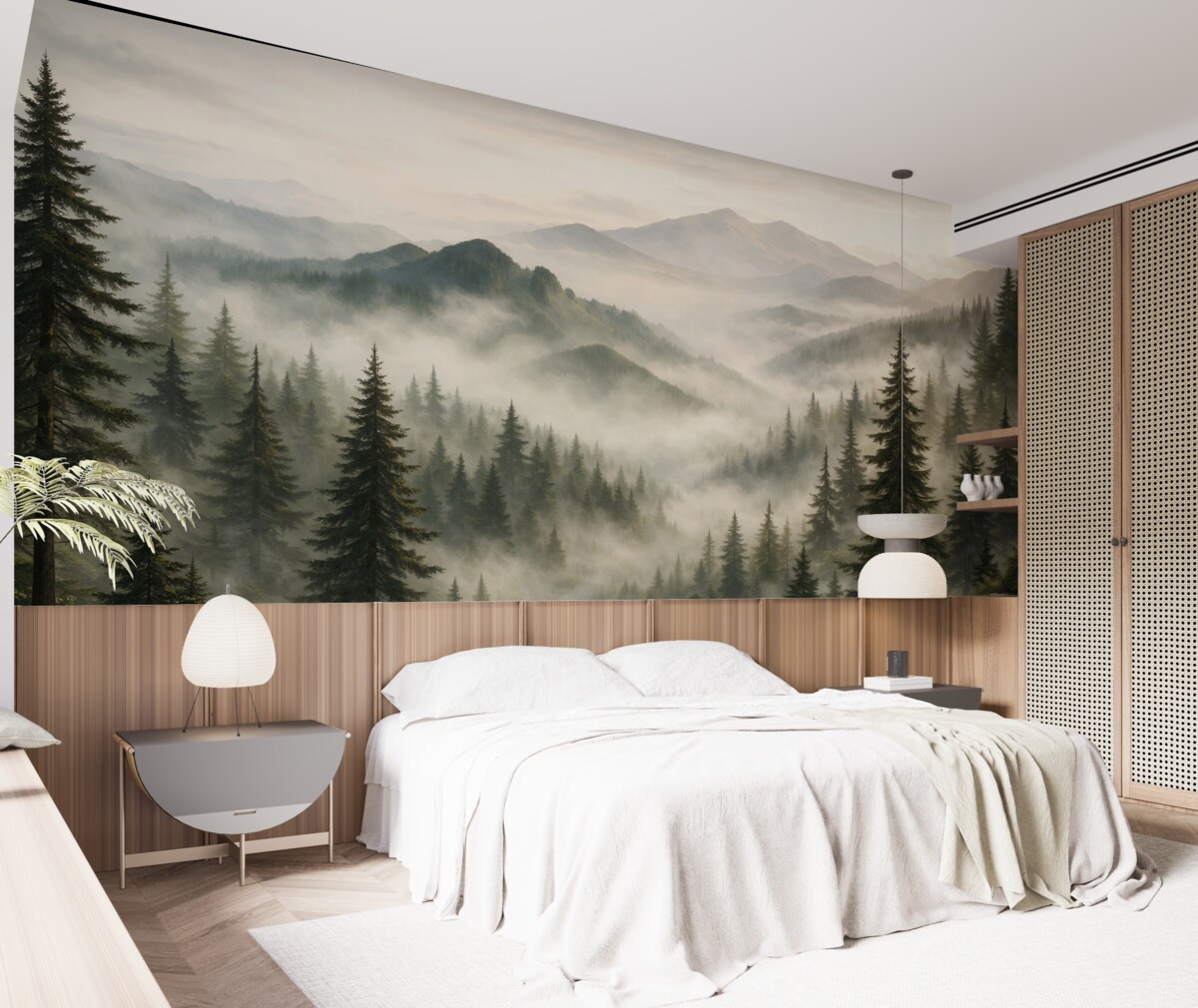 Fototapeta Górski pejzaż z sosnowym lasem i warstwowymi szczytami o poranku z delikatną mgłą akwarela naśladująca sztukę.