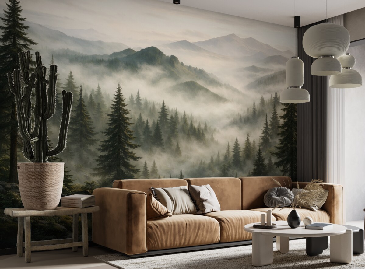 Fototapeta Górski pejzaż z sosnowym lasem i warstwowymi szczytami o poranku z delikatną mgłą akwarela naśladująca sztukę.