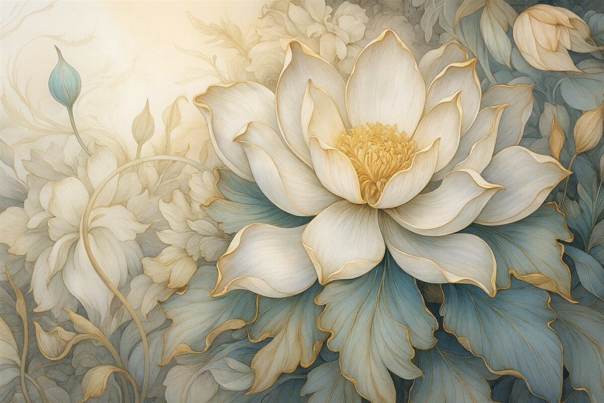 Fototapeta Wielki, subtelny biały kwiat lilii oraz liście z gładkimi, warstwowymi dekoracyjnymi płatkami na abstrakcyjnym, fakturowanym tle.