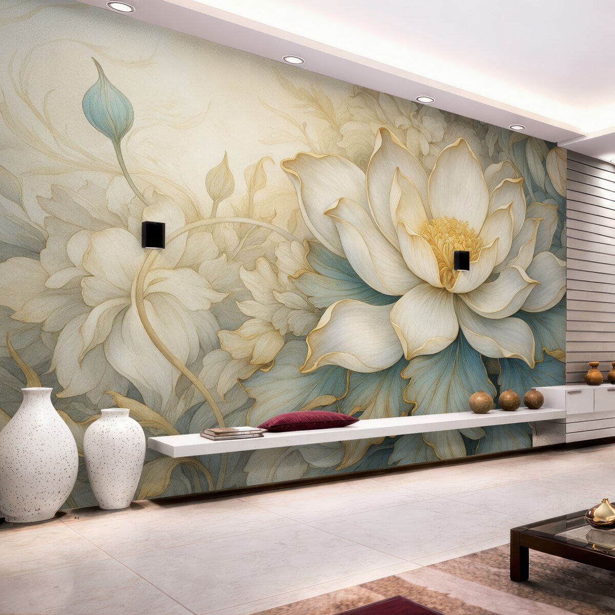 Fototapeta Wielki, subtelny biały kwiat lilii oraz liście z gładkimi, warstwowymi dekoracyjnymi płatkami na abstrakcyjnym, fakturowanym tle.